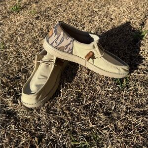 Hey Dude Beige Canvas Slip-Ons with Camo Heel Accent
